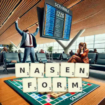 Kreative Illustration für ein Scrabble-Spiel, bei dem das Wort NASENFORM mit Steinen auf dem Brett gelegt wurde.