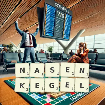 Kreative Illustration für ein Scrabble-Spiel, bei dem das Wort NASENKEGEL mit Steinen auf dem Brett gelegt wurde.