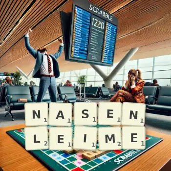 Kreative Illustration für ein Scrabble-Spiel, bei dem das Wort NASENLEIME mit Steinen auf dem Brett gelegt wurde.