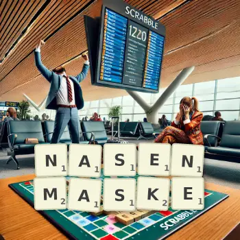 Kreative Illustration für ein Scrabble-Spiel, bei dem das Wort NASENMASKE mit Steinen auf dem Brett gelegt wurde.