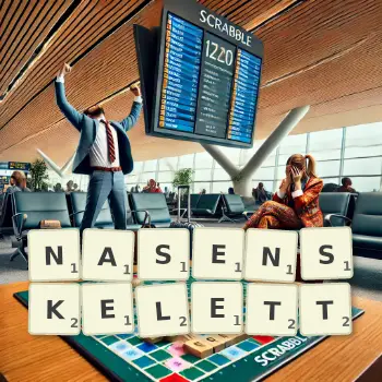 Kreative Illustration für ein Scrabble-Spiel, bei dem das Wort NASENSKELETT mit Steinen auf dem Brett gelegt wurde.