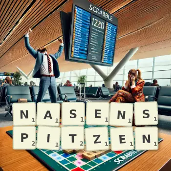 Kreative Illustration für ein Scrabble-Spiel, bei dem das Wort NASENSPITZEN mit Steinen auf dem Brett gelegt wurde.