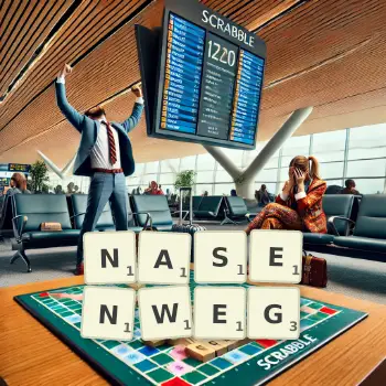 Kreative Illustration für ein Scrabble-Spiel, bei dem das Wort NASENWEG mit Steinen auf dem Brett gelegt wurde.