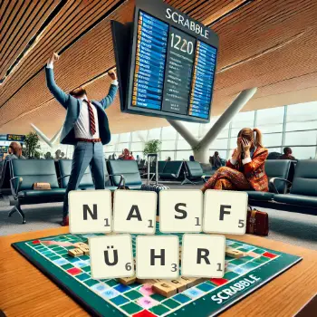 Kreative Illustration für ein Scrabble-Spiel, bei dem das Wort NASFÜHR mit Steinen auf dem Brett gelegt wurde.