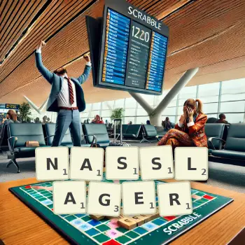 Kreative Illustration für ein Scrabble-Spiel, bei dem das Wort NASSLAGER mit Steinen auf dem Brett gelegt wurde.