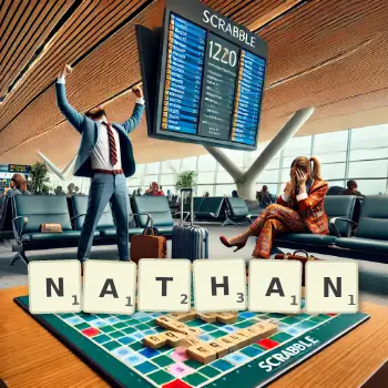 Kreative Illustration für ein Scrabble-Spiel, bei dem das Wort NATHAN mit Steinen auf dem Brett gelegt wurde.