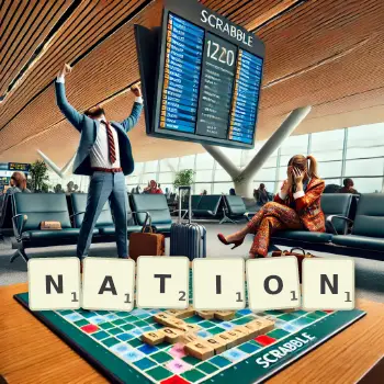 Kreative Illustration für ein Scrabble-Spiel, bei dem das Wort NATION mit Steinen auf dem Brett gelegt wurde.