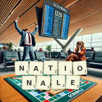 Kreative Illustration für ein Scrabble-Spiel, bei dem das Wort NATIONALE mit Steinen auf dem Brett gelegt wurde.