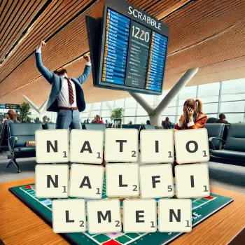 Kreative Illustration für ein Scrabble-Spiel, bei dem das Wort NATIONALFILMEN mit Steinen auf dem Brett gelegt wurde.