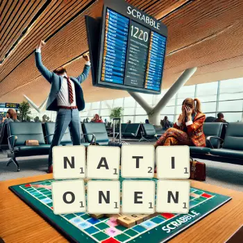 Kreative Illustration für ein Scrabble-Spiel, bei dem das Wort NATIONEN mit Steinen auf dem Brett gelegt wurde.