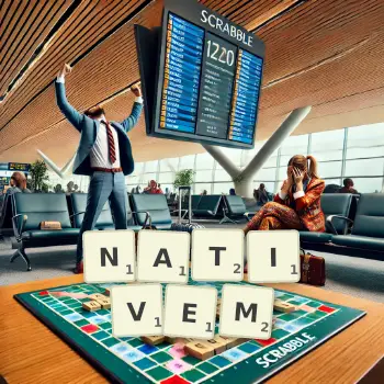 Kreative Illustration für ein Scrabble-Spiel, bei dem das Wort NATIVEM mit Steinen auf dem Brett gelegt wurde.