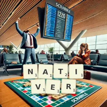 Kreative Illustration für ein Scrabble-Spiel, bei dem das Wort NATIVER mit Steinen auf dem Brett gelegt wurde.