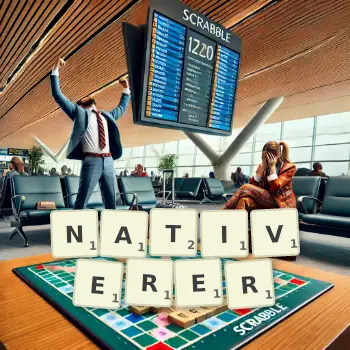 Kreative Illustration für ein Scrabble-Spiel, bei dem das Wort NATIVERER mit Steinen auf dem Brett gelegt wurde.