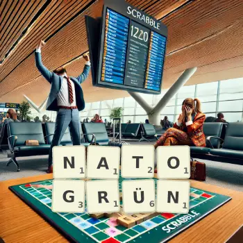 Kreative Illustration für ein Scrabble-Spiel, bei dem das Wort NATOGRÜN mit Steinen auf dem Brett gelegt wurde.