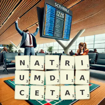 Kreative Illustration für ein Scrabble-Spiel, bei dem das Wort NATRIUMDIACETAT mit Steinen auf dem Brett gelegt wurde.