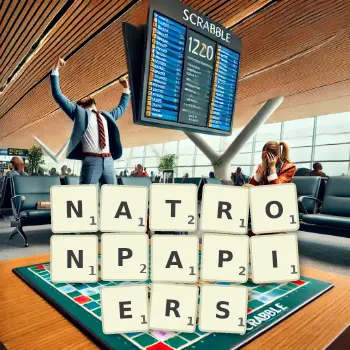 Kreative Illustration für ein Scrabble-Spiel, bei dem das Wort NATRONPAPIERS mit Steinen auf dem Brett gelegt wurde.
