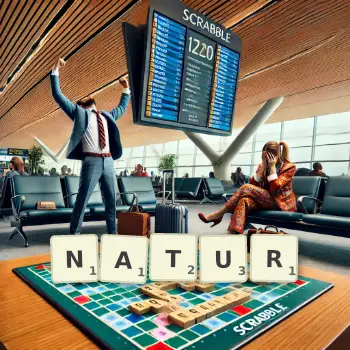 Kreative Illustration für ein Scrabble-Spiel, bei dem das Wort NATUR mit Steinen auf dem Brett gelegt wurde.