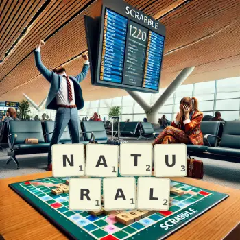Kreative Illustration für ein Scrabble-Spiel, bei dem das Wort NATURAL mit Steinen auf dem Brett gelegt wurde.