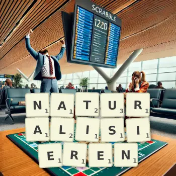 Kreative Illustration für ein Scrabble-Spiel, bei dem das Wort NATURALISIEREN mit Steinen auf dem Brett gelegt wurde.
