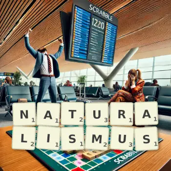 Kreative Illustration für ein Scrabble-Spiel, bei dem das Wort NATURALISMUS mit Steinen auf dem Brett gelegt wurde.