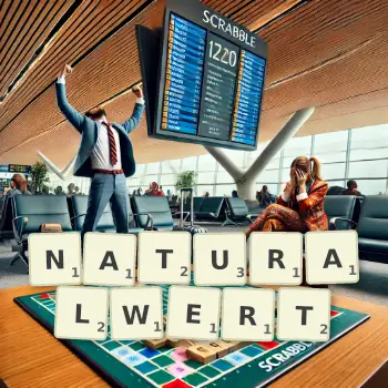 Kreative Illustration für ein Scrabble-Spiel, bei dem das Wort NATURALWERT mit Steinen auf dem Brett gelegt wurde.