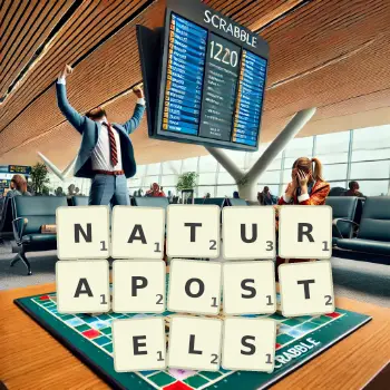 Kreative Illustration für ein Scrabble-Spiel, bei dem das Wort NATURAPOSTELS mit Steinen auf dem Brett gelegt wurde.