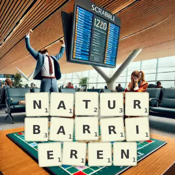 Kreative Illustration für ein Scrabble-Spiel, bei dem das Wort NATURBARRIEREN mit Steinen auf dem Brett gelegt wurde.