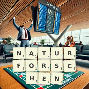 Kreative Illustration für ein Scrabble-Spiel, bei dem das Wort NATURFORSCHEN mit Steinen auf dem Brett gelegt wurde.