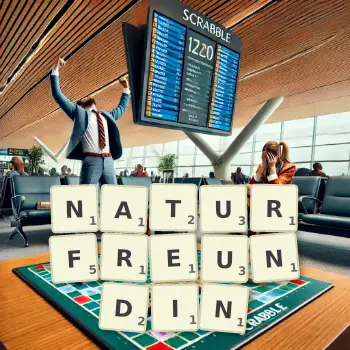 Kreative Illustration für ein Scrabble-Spiel, bei dem das Wort NATURFREUNDIN mit Steinen auf dem Brett gelegt wurde.