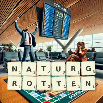 Kreative Illustration für ein Scrabble-Spiel, bei dem das Wort NATURGROTTEN mit Steinen auf dem Brett gelegt wurde.