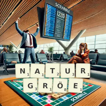 Kreative Illustration für ein Scrabble-Spiel, bei dem das Wort NATURGRÖE mit Steinen auf dem Brett gelegt wurde.