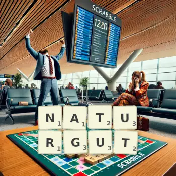 Kreative Illustration für ein Scrabble-Spiel, bei dem das Wort NATURGUT mit Steinen auf dem Brett gelegt wurde.