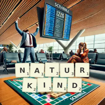Kreative Illustration für ein Scrabble-Spiel, bei dem das Wort NATURKIND mit Steinen auf dem Brett gelegt wurde.