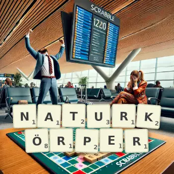 Kreative Illustration für ein Scrabble-Spiel, bei dem das Wort NATURKÖRPER mit Steinen auf dem Brett gelegt wurde.