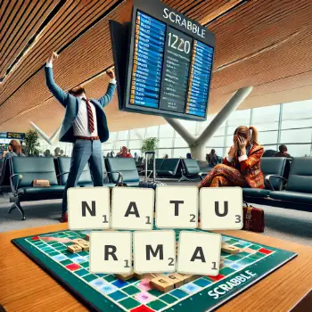 Kreative Illustration für ein Scrabble-Spiel, bei dem das Wort NATURMA mit Steinen auf dem Brett gelegt wurde.