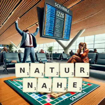 Kreative Illustration für ein Scrabble-Spiel, bei dem das Wort NATURNAHE mit Steinen auf dem Brett gelegt wurde.