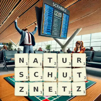 Kreative Illustration für ein Scrabble-Spiel, bei dem das Wort NATURSCHUTZNETZ mit Steinen auf dem Brett gelegt wurde.