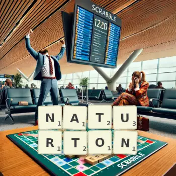 Kreative Illustration für ein Scrabble-Spiel, bei dem das Wort NATURTON mit Steinen auf dem Brett gelegt wurde.