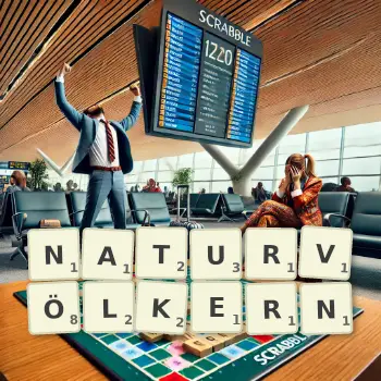 Kreative Illustration für ein Scrabble-Spiel, bei dem das Wort NATURVÖLKERN mit Steinen auf dem Brett gelegt wurde.