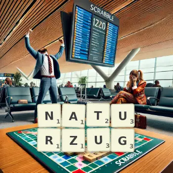 Kreative Illustration für ein Scrabble-Spiel, bei dem das Wort NATURZUG mit Steinen auf dem Brett gelegt wurde.