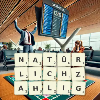 Kreative Illustration für ein Scrabble-Spiel, bei dem das Wort NATÜRLICHZAHLIG mit Steinen auf dem Brett gelegt wurde.