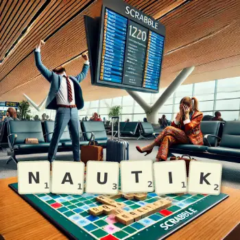 Kreative Illustration für ein Scrabble-Spiel, bei dem das Wort NAUTIK mit Steinen auf dem Brett gelegt wurde.