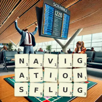 Kreative Illustration für ein Scrabble-Spiel, bei dem das Wort NAVIGATIONSFLUG mit Steinen auf dem Brett gelegt wurde.