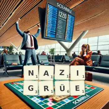 Kreative Illustration für ein Scrabble-Spiel, bei dem das Wort NAZIGRÜE mit Steinen auf dem Brett gelegt wurde.