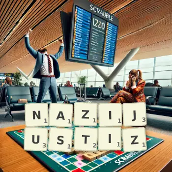 Kreative Illustration für ein Scrabble-Spiel, bei dem das Wort NAZIJUSTIZ mit Steinen auf dem Brett gelegt wurde.