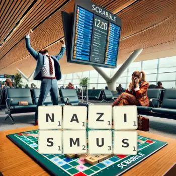 Kreative Illustration für ein Scrabble-Spiel, bei dem das Wort NAZISMUS mit Steinen auf dem Brett gelegt wurde.