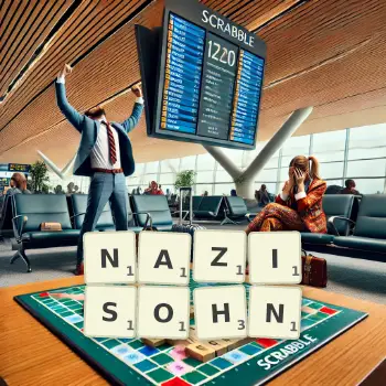 Kreative Illustration für ein Scrabble-Spiel, bei dem das Wort NAZISOHN mit Steinen auf dem Brett gelegt wurde.