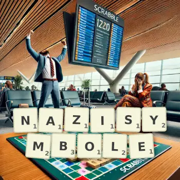 Kreative Illustration für ein Scrabble-Spiel, bei dem das Wort NAZISYMBOLE mit Steinen auf dem Brett gelegt wurde.