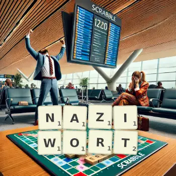 Kreative Illustration für ein Scrabble-Spiel, bei dem das Wort NAZIWORT mit Steinen auf dem Brett gelegt wurde.