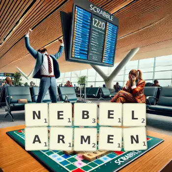 Kreative Illustration für ein Scrabble-Spiel, bei dem das Wort NEBELARMEN mit Steinen auf dem Brett gelegt wurde.